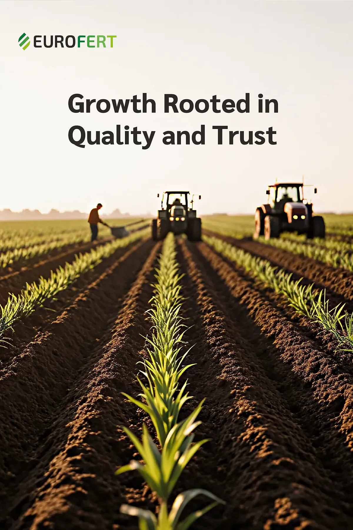 Eurofert: Growth Rooted in Quality and Trust. Tractors working rows of young crops at sunrise.